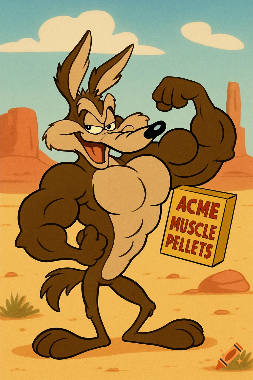 Wile E. Coyote flexes exaggerated muscles while holding a box of 'ACME Muscle Pellets' in a desert landscape, in Looney Tunes animation style.