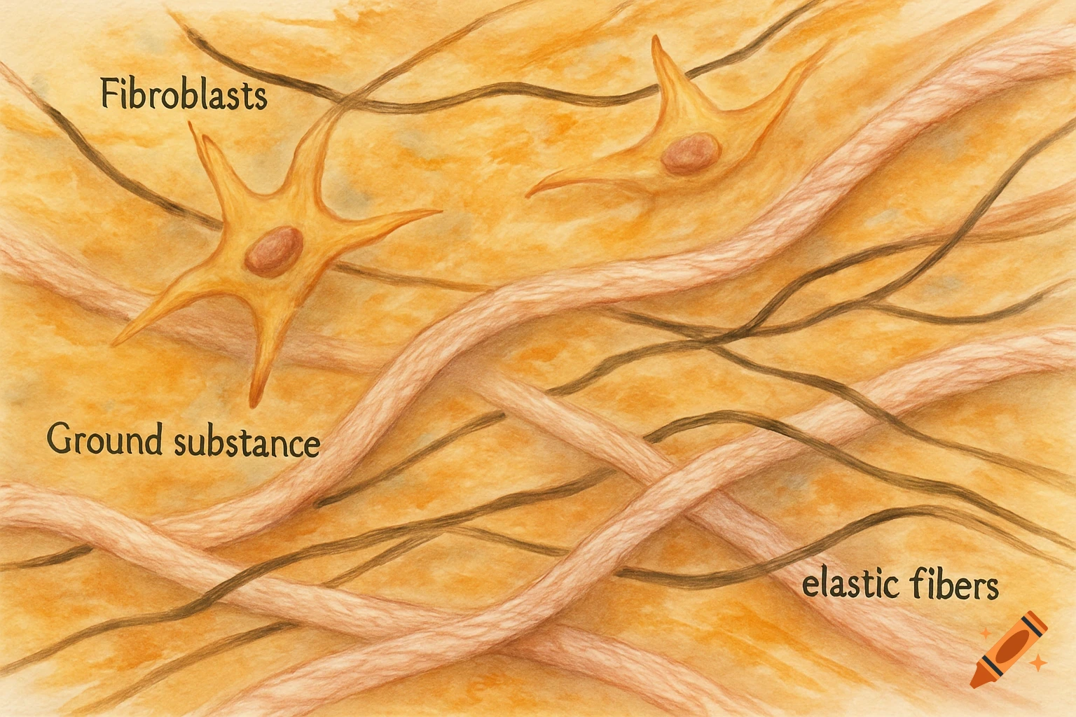 Watercolor illustration of areolar connective tissue showing fibroblasts, ground substance, and elastic fibers.