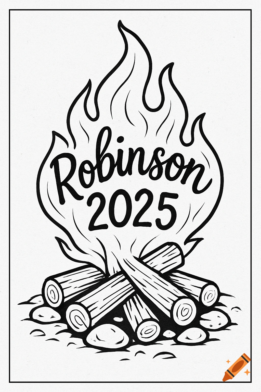 Black and white illustration of a campfire with logs and rocks, featuring 'Robinson 2025' within the flames, in a coloring book style.