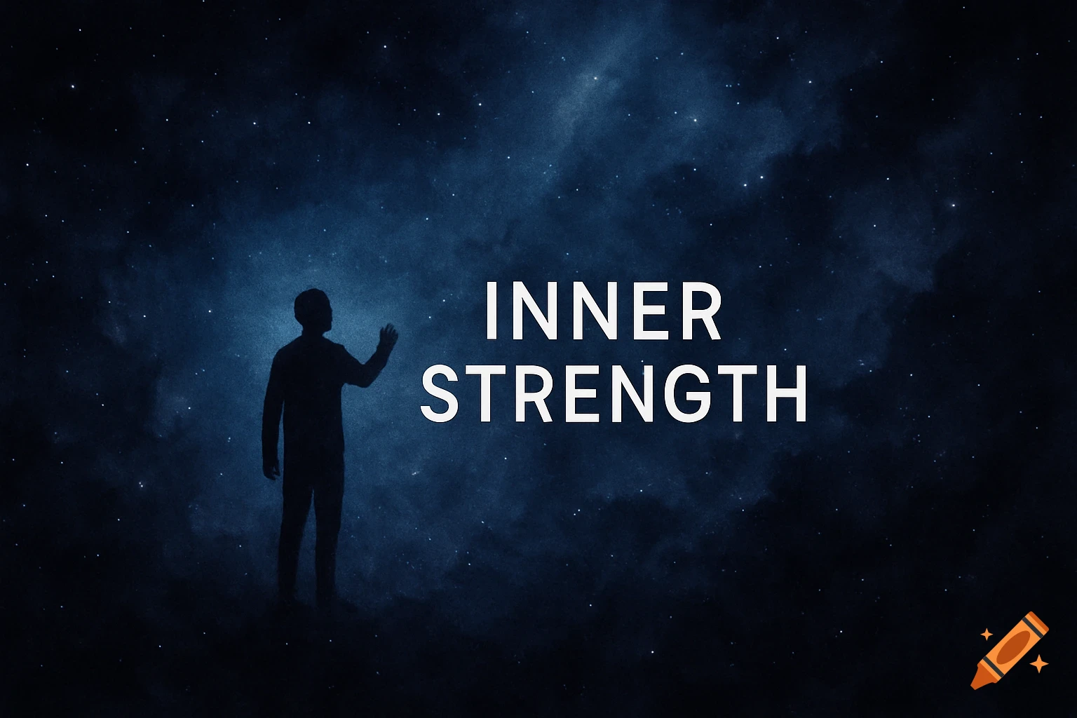 A silhouette of a person standing against a dark blue cosmic background with stars and nebulae, with the words 'INNER STRENGTH' in white text.