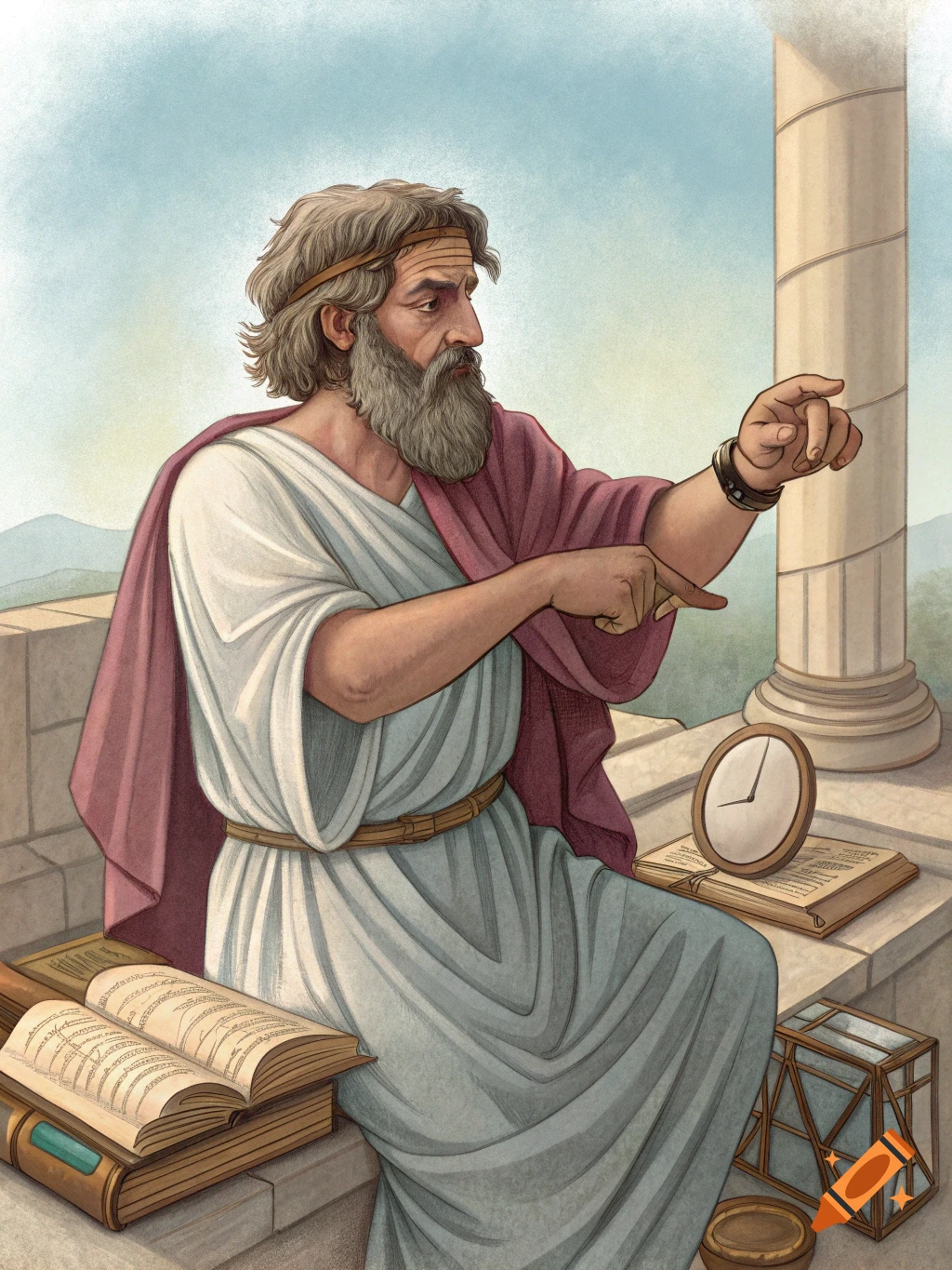 An illustration of the ancient Greek mathematician Archimedes, bearded and robed, pointing at a watch and open books on a stone ledge.
