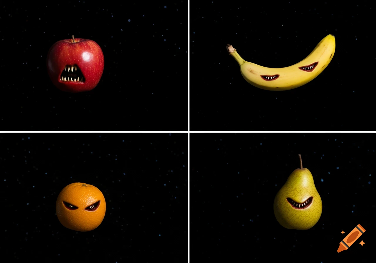 Four monster-faced fruits (apple, banana, orange, pear) float in a starry dark void.