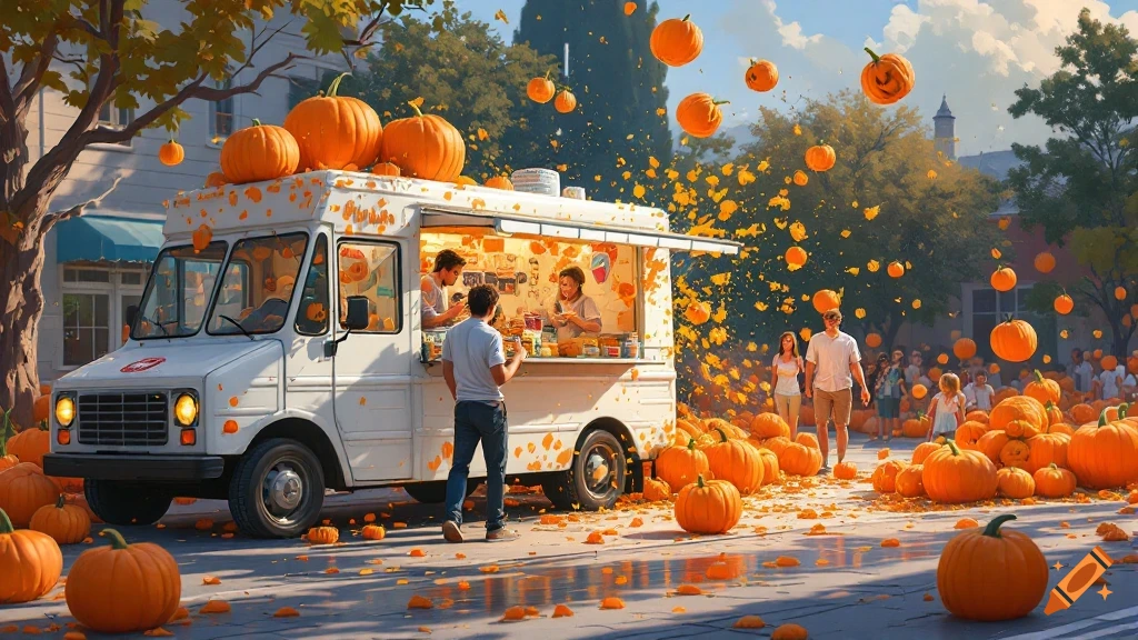 A vibrant autumn scene with a white food truck surrounded by many orange pumpkins, some floating in the air, with people around.