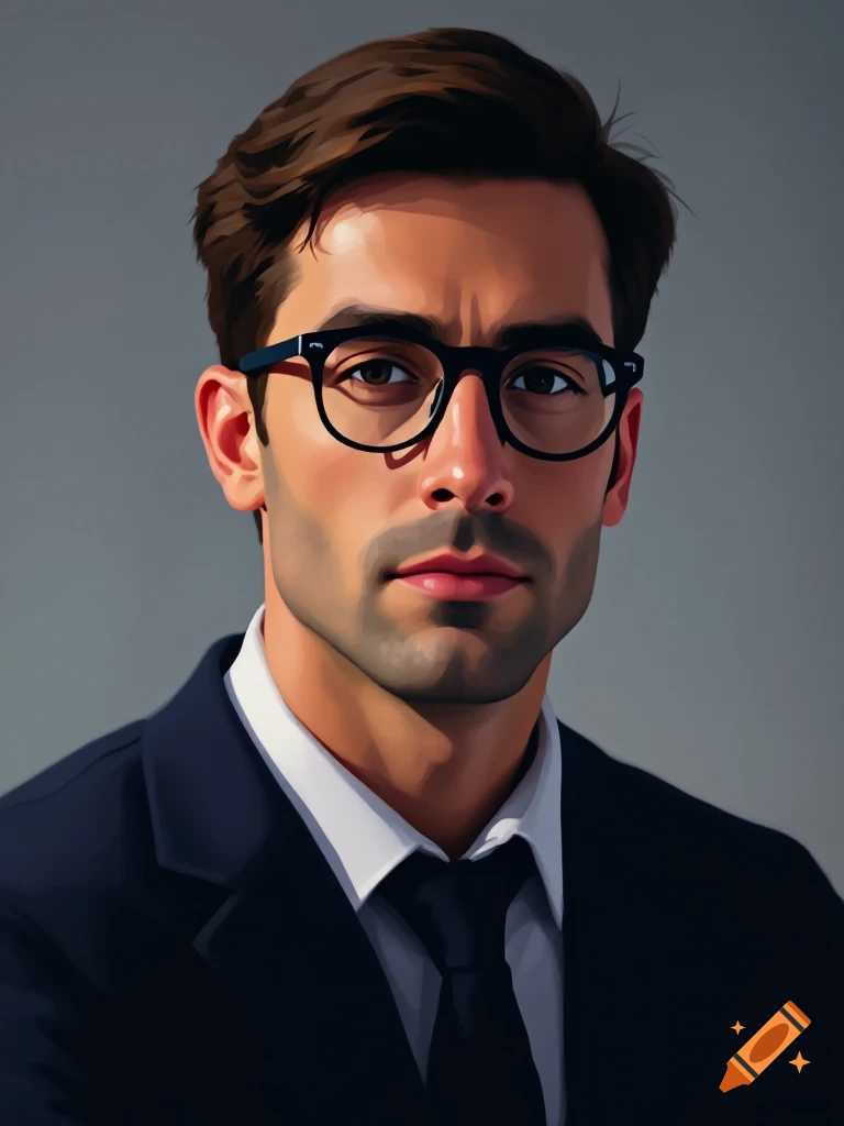 Stylized portrait of a man in a dark suit and glasses looking forward ...