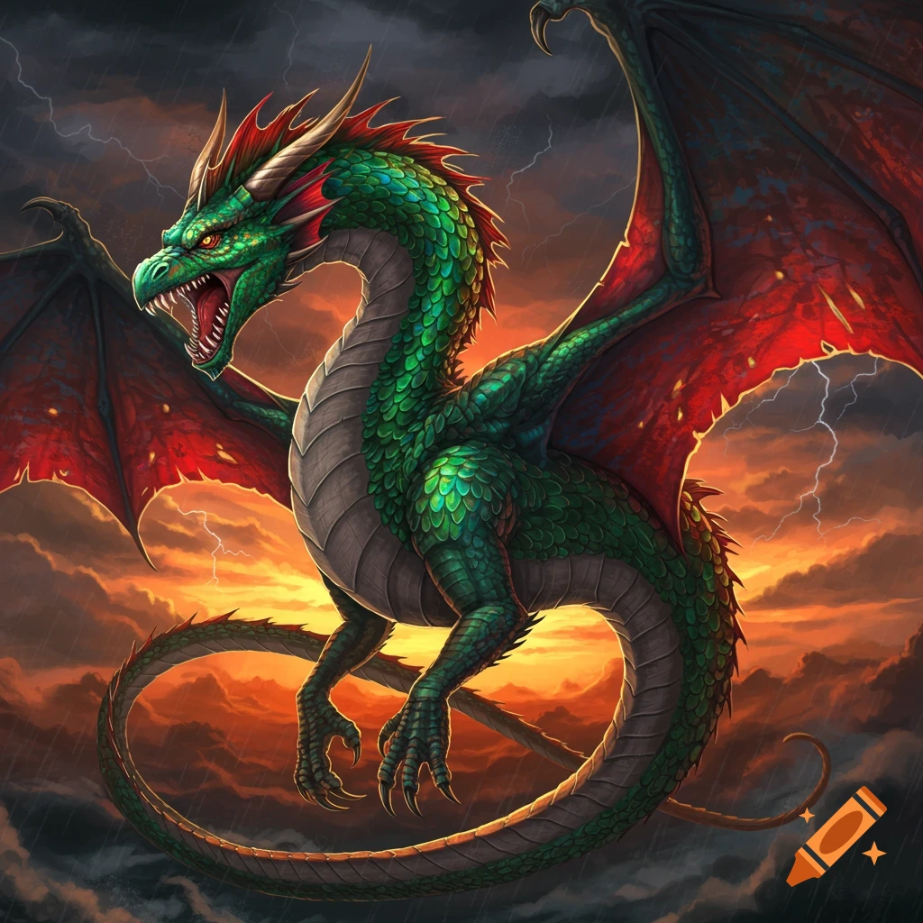 A vibrant green and red dragon with open mouth, flying against a stormy orange sky with lightning.