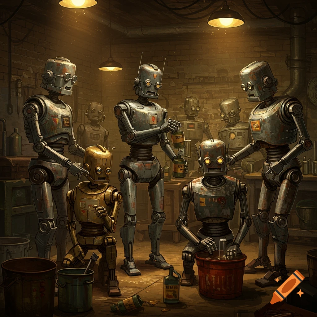 A group of vintage-style robots in a dimly lit workshop, some pouring liquid from bottles, others working on components.