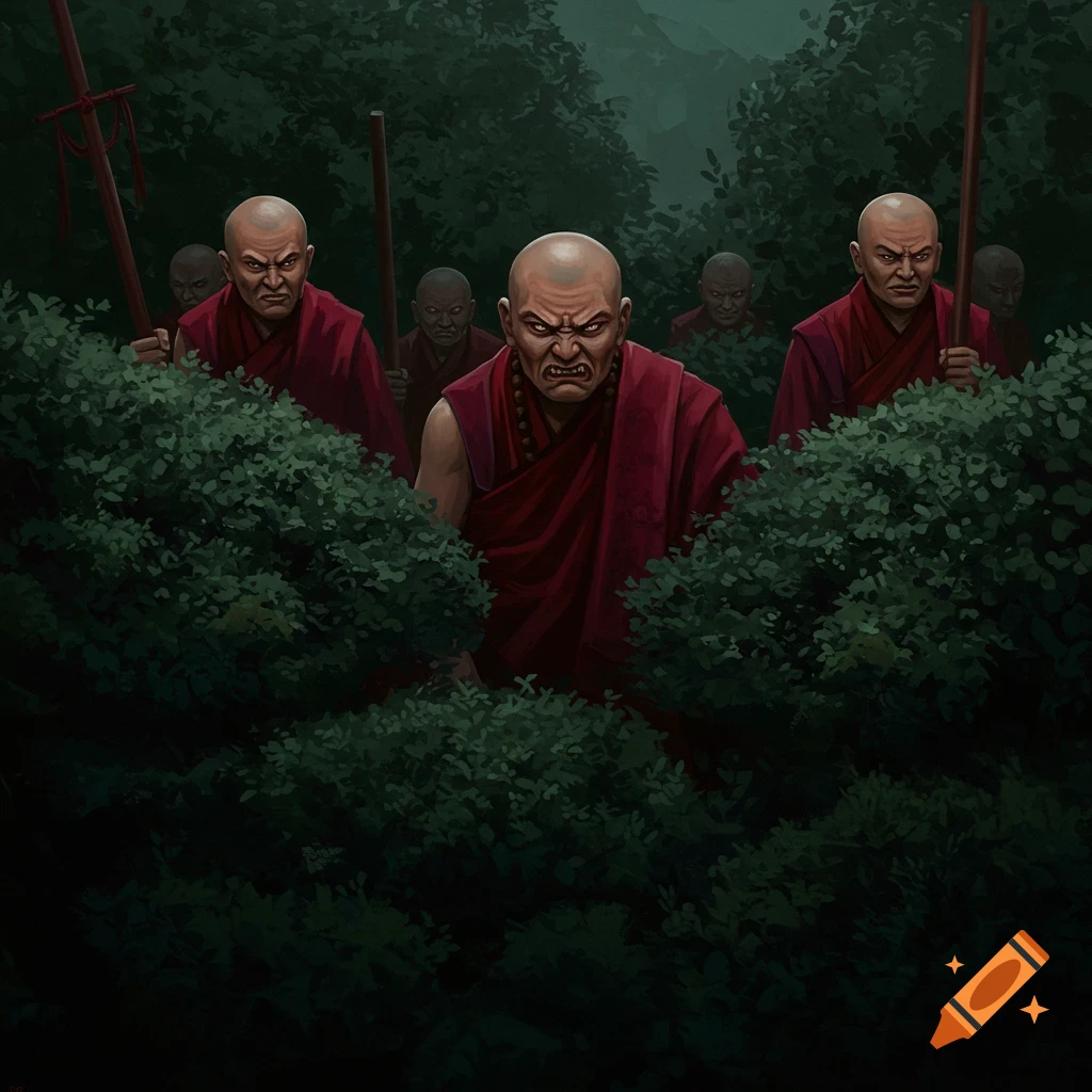 Digital illustration of angry, bald monks in red robes emerging from dark bushes in a forest.