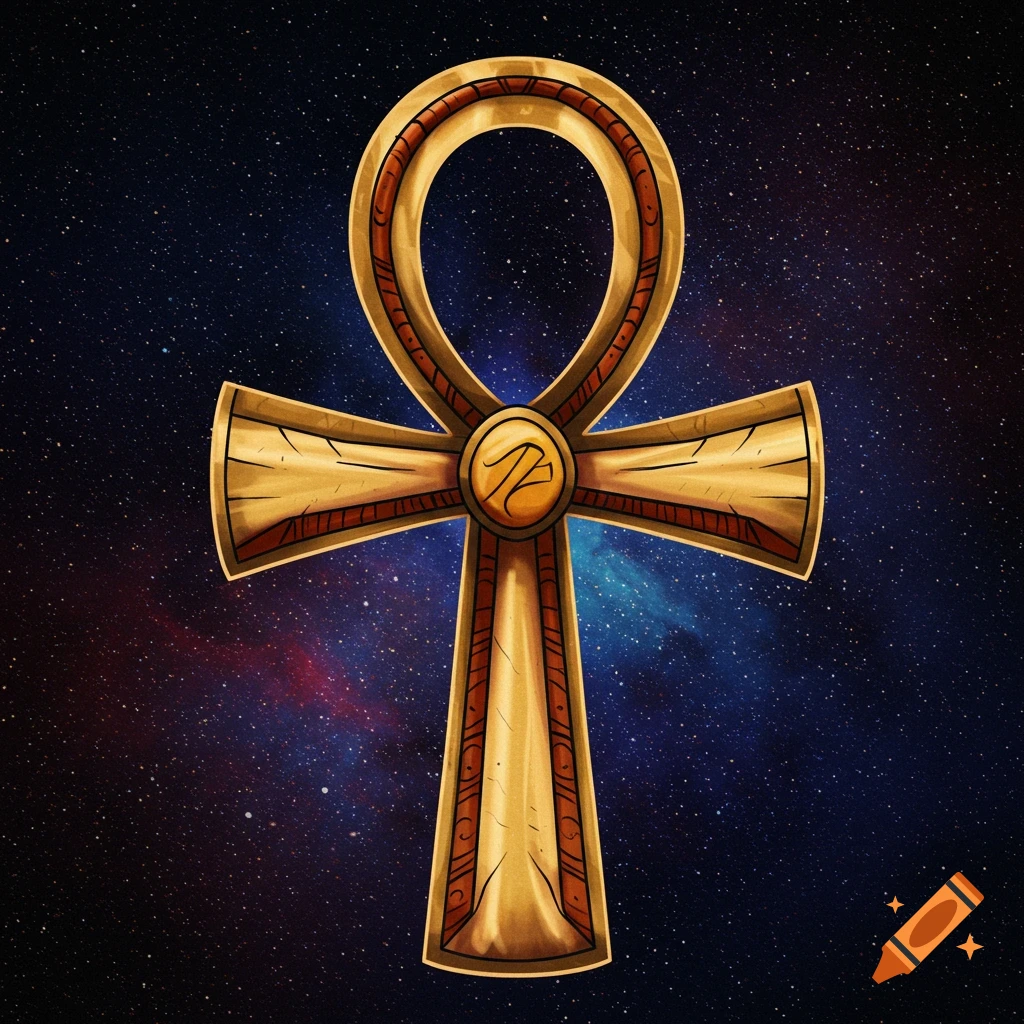 A golden Ankh symbol with red accents and intricate patterns, set against a dark starry cosmic background with colorful nebulae.