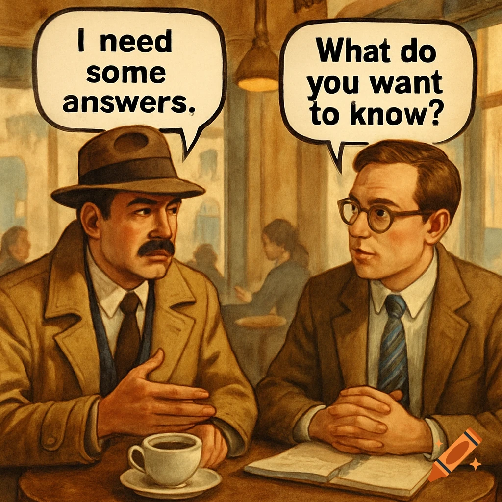 Two men, one a detective with a mustache and a hat, the other an accountant in glasses, talk in a cafe with speech bubbles in a painterly style.