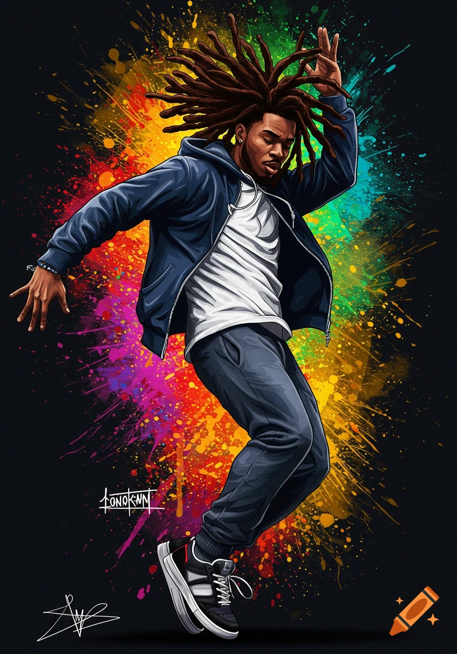 An energetic illustration of a man with dreadlocks dancing against a vibrant, colorful splash background.