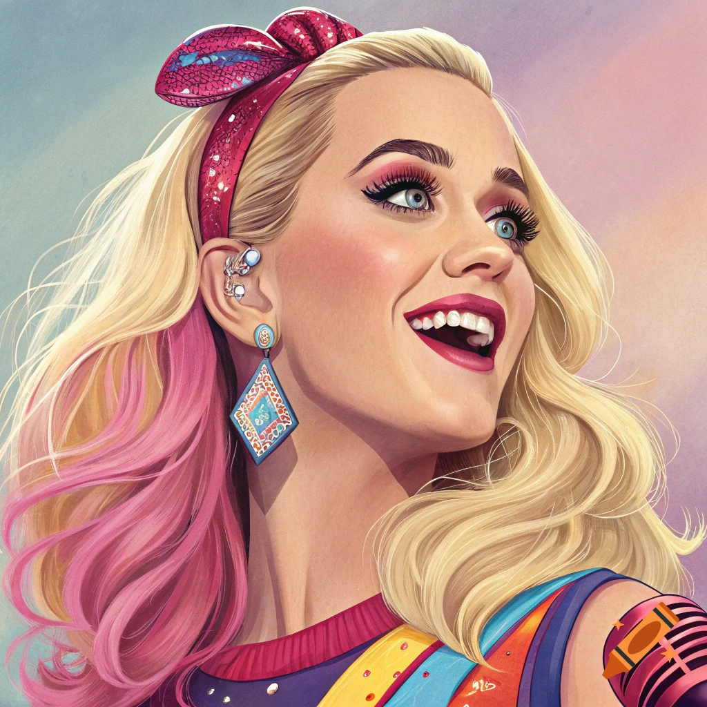 Vibrant digital art portrait of Katy Perry smiling, with blonde and pink hair, a red headscarf, and a large blue earring.
