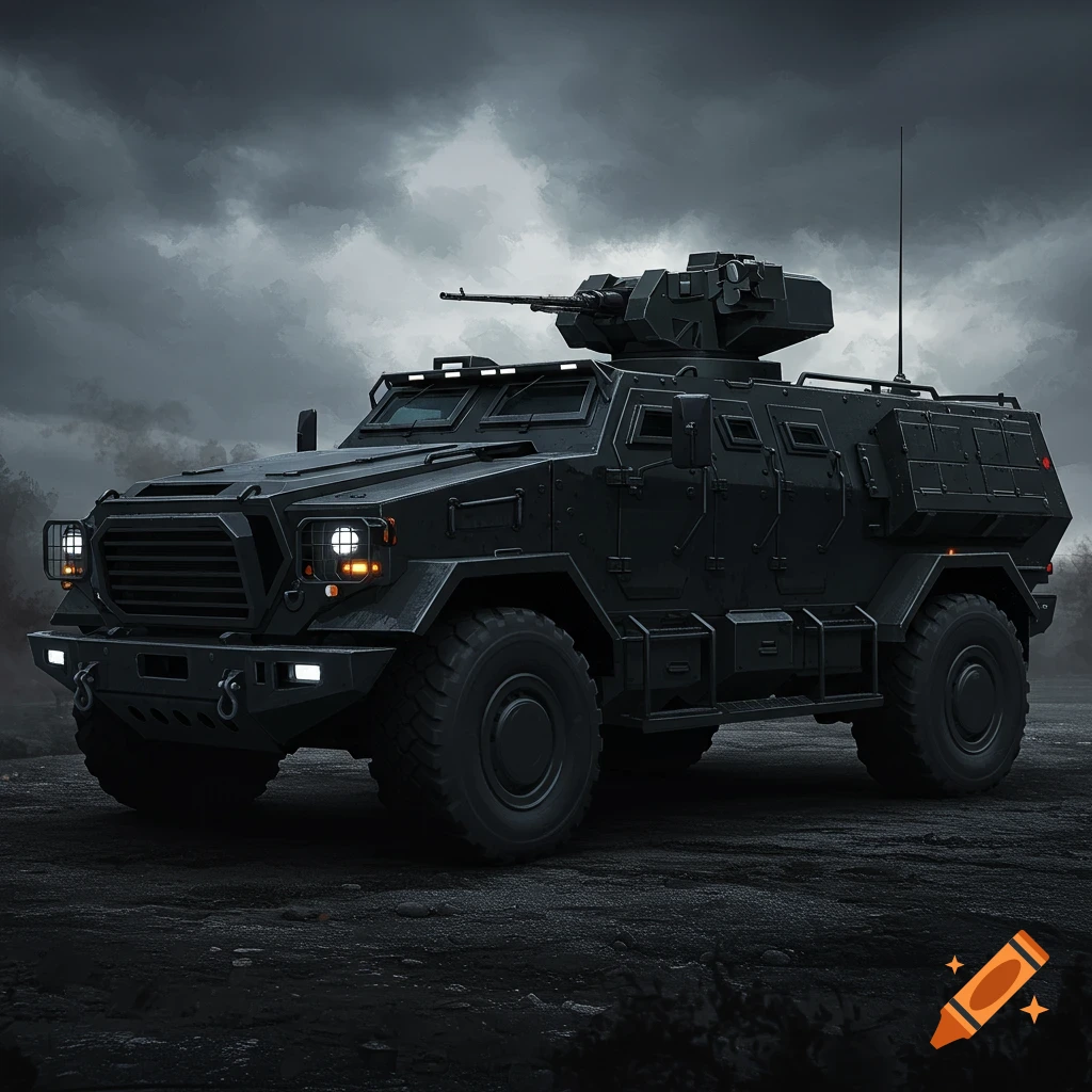 A full jet black military armored car sits under a dark, cloudy sky on a desolate terrain.