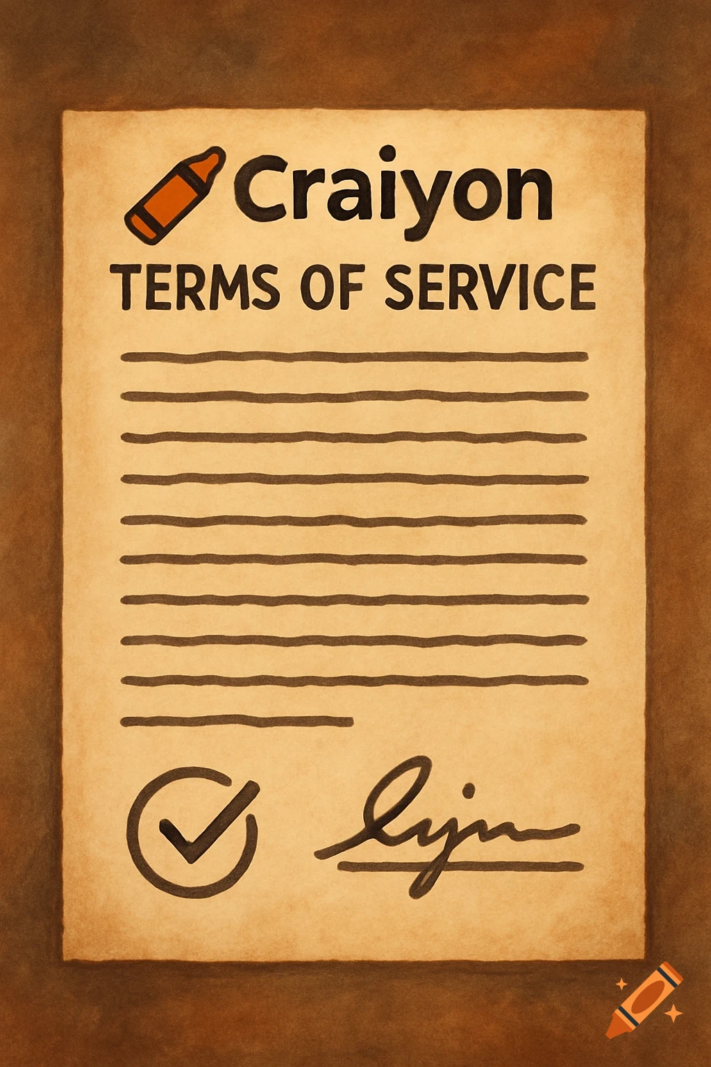 A beige paper document titled 'Craiyon TERMS OF SERVICE' with lines for body text, a checkmark, and a signature at the bottom.