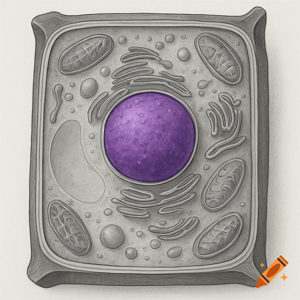A scientific illustration of a plant cell with a vibrant purple nucleus and gray-scale organelles, set against a plain background.