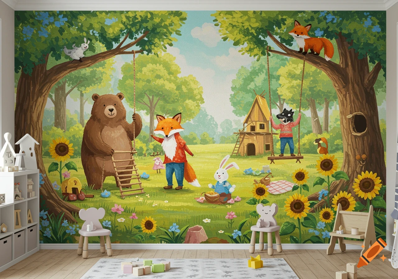 A whimsical cartoon-style forest mural in a child's playroom, featuring anthropomorphic animals like a bear, foxes, and rabbits playing in a vibrant woodland with sunflowers and a treehouse.