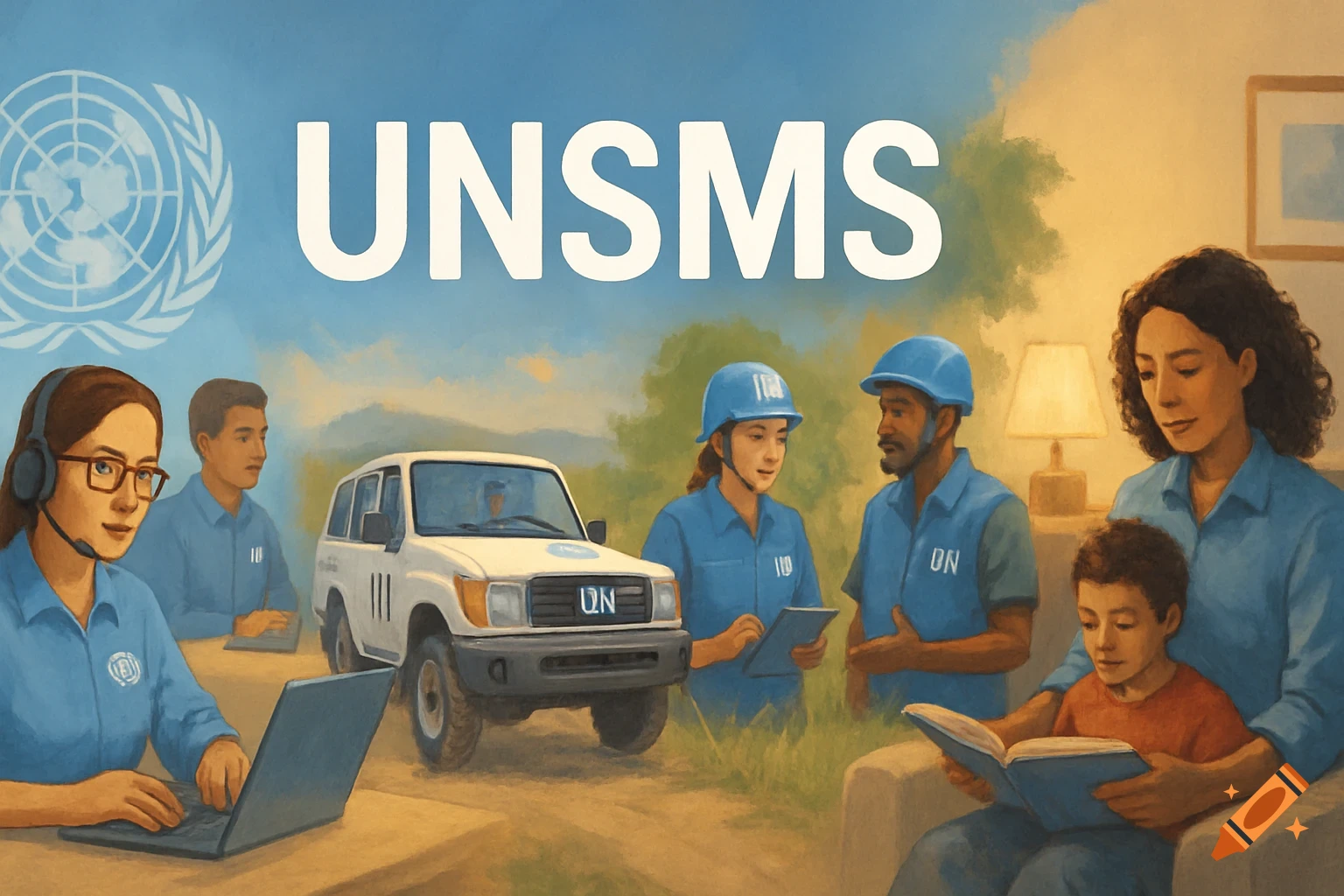 An illustration featuring the text 'UNSMS' above a diverse group of UN personnel in various settings, including an office, a field, and a home.