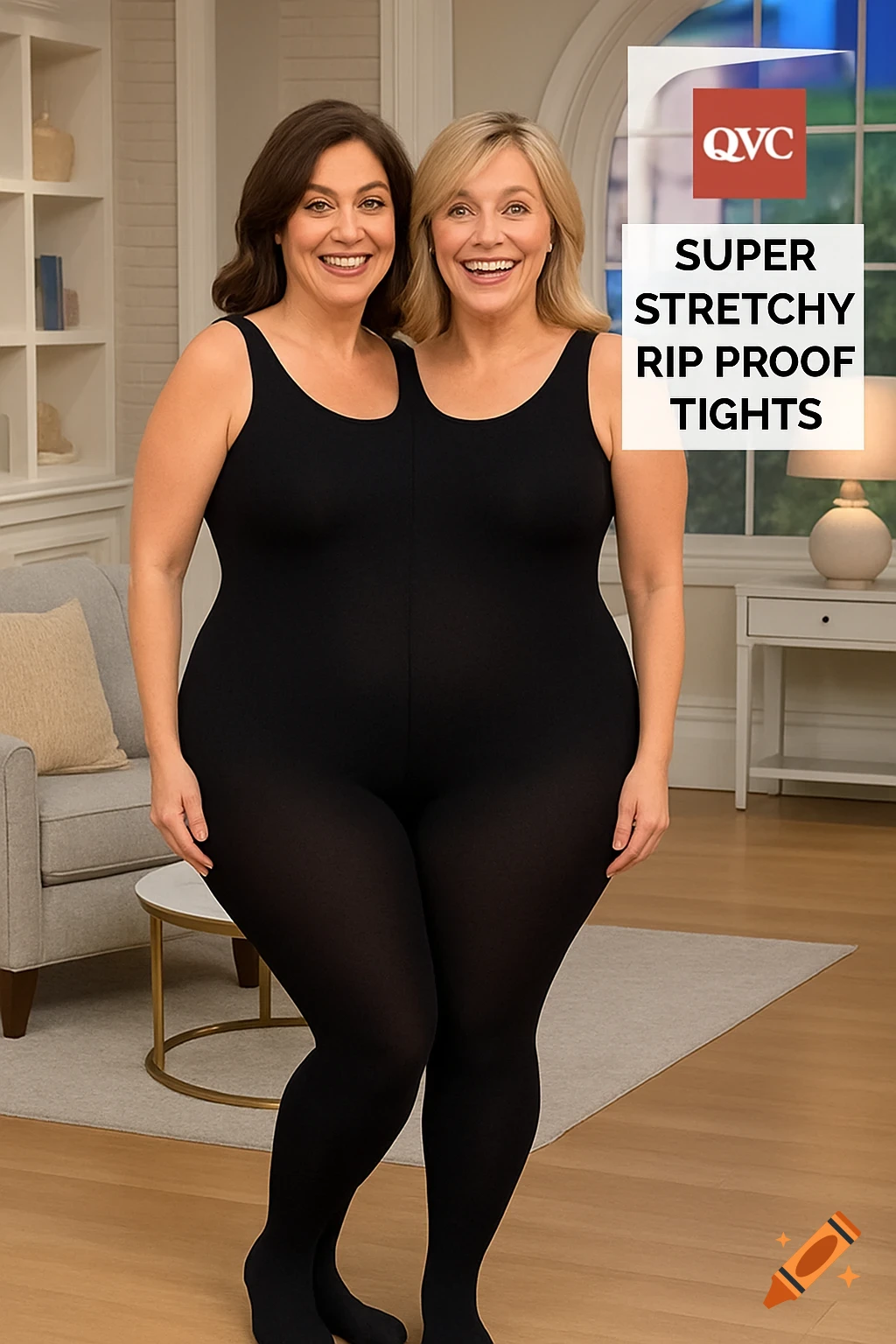 Two smiling women in black full-body tights create a two-headed illusion, advertising 'Super Stretchy Rip Proof Tights' on QVC.