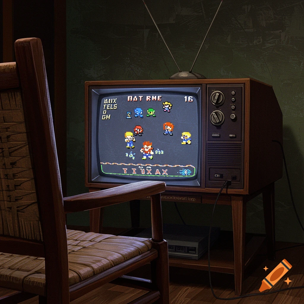 A vintage television set displaying a pixelated video game, viewed from behind a wooden rocking chair in a dimly lit room.