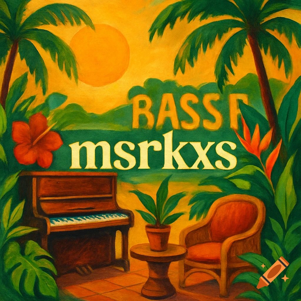 A vibrant, stylized illustration of a tropical scene with palm trees and a bright orange sun, featuring a piano, a rattan chair, and the text "BASSE msrkxs".