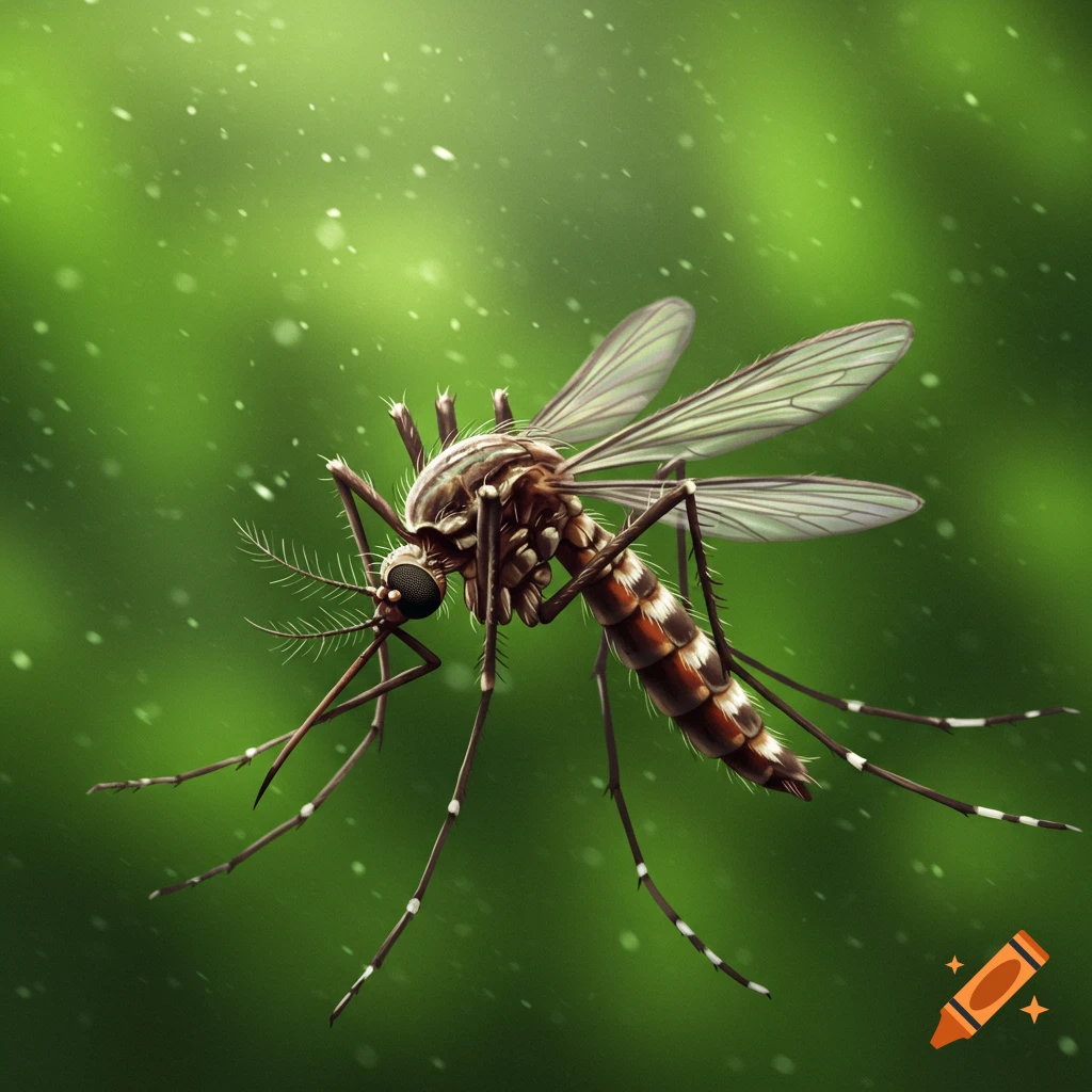 A detailed illustration of a mosquito with striped legs and body, against a blurred green background with light specks.