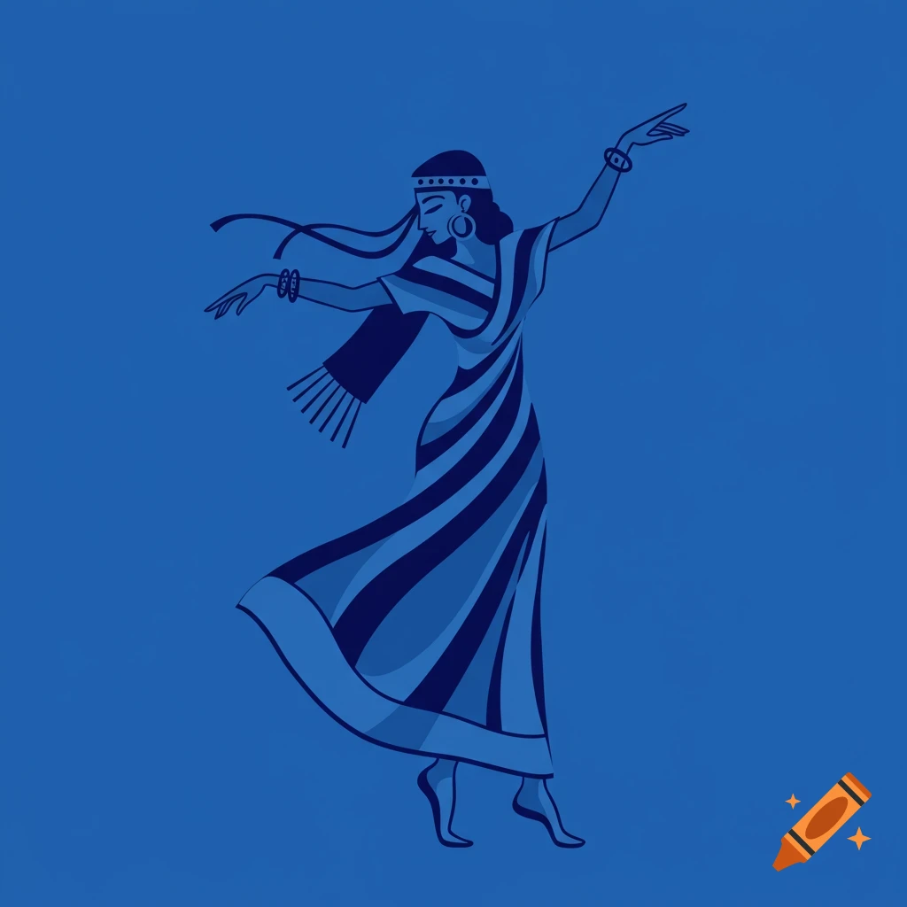 A minimalist blue monochrome illustration of a stylized Babylonian dancing girl.