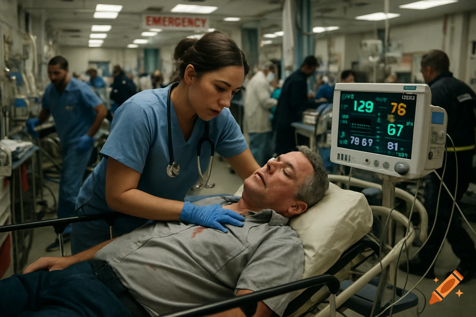 Photorealistic image of a nurse checking on a patient on a stretcher in a busy emergency room, with a vital signs monitor showing data nearby.
