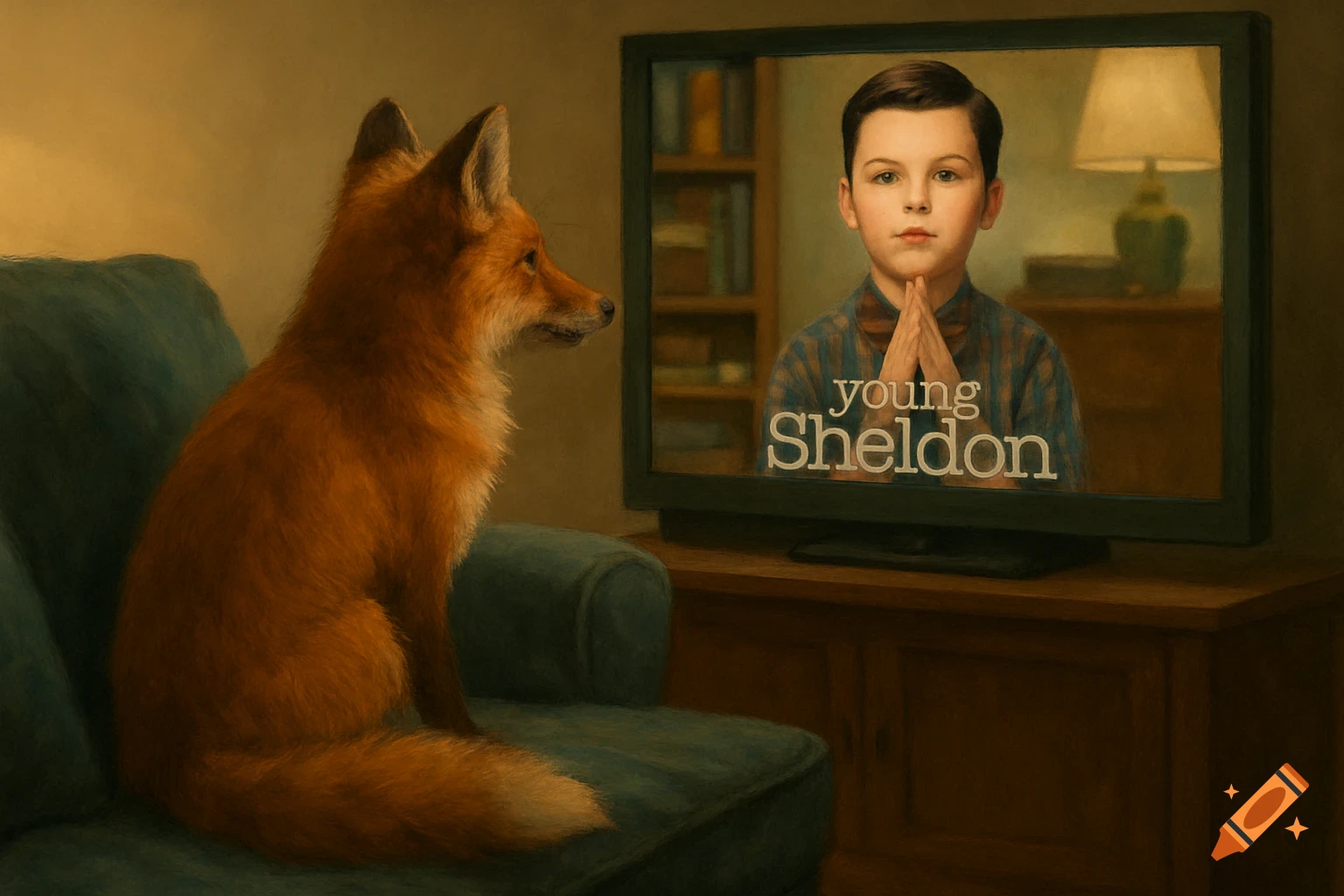 A reddish-brown fox sits on a teal couch, intently watching 'Young Sheldon' on a television in a dimly lit room.