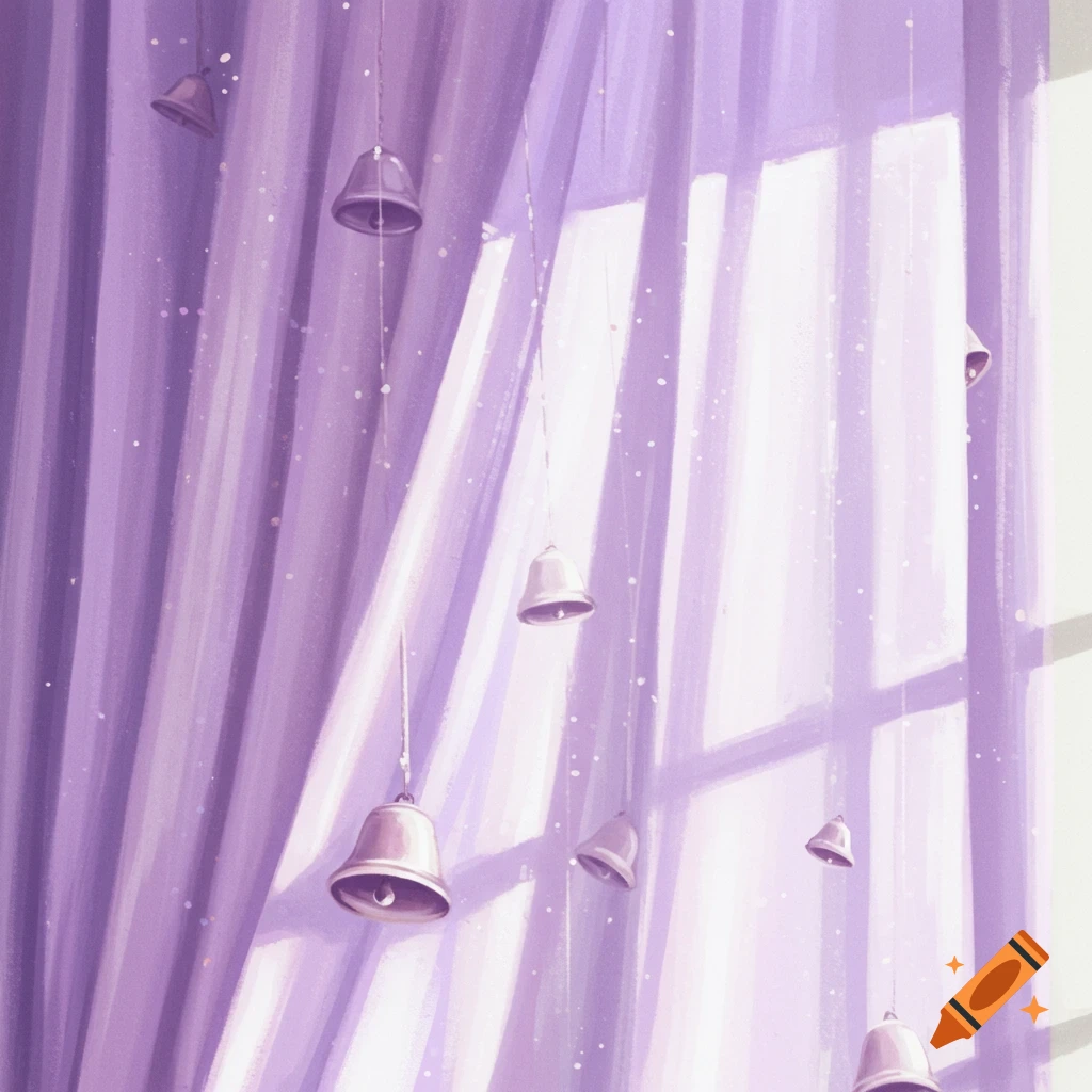 Soft purple curtains with light streaming through, adorned with hanging bells.