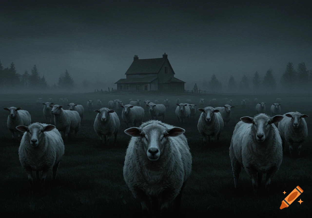 A flock of sheep stare directly forward in a dark, misty field with an old house in the background, creating an eerie, photorealistic scene.