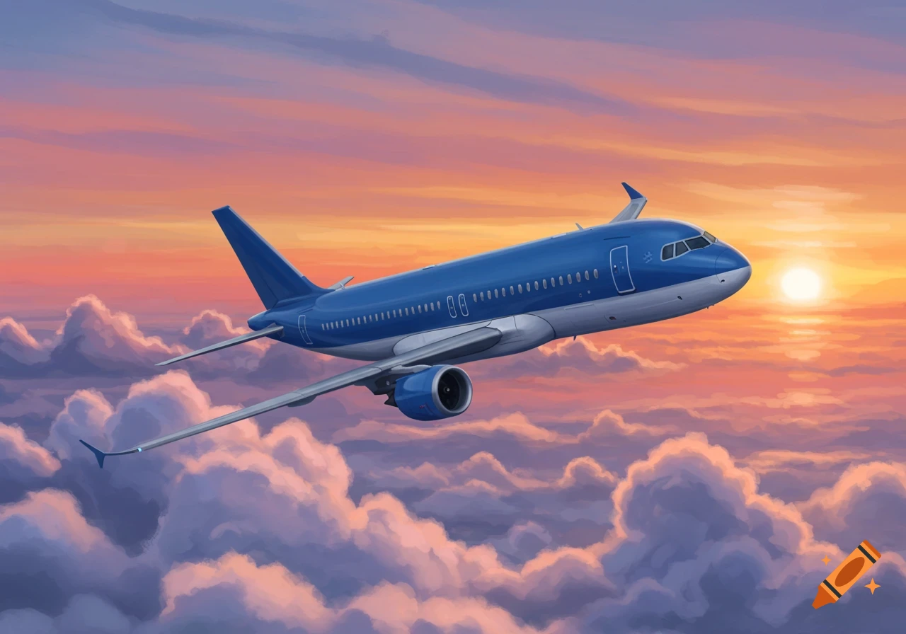 A blue airplane flies through a vibrant sunset sky filled with clouds.