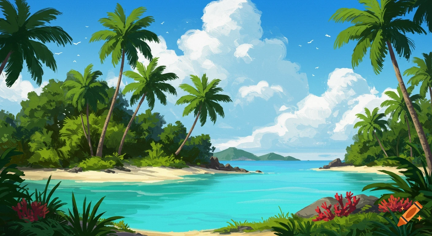 Vibrant tropical beach illustration with palm trees, turquoise water, white sand, and a blue sky.