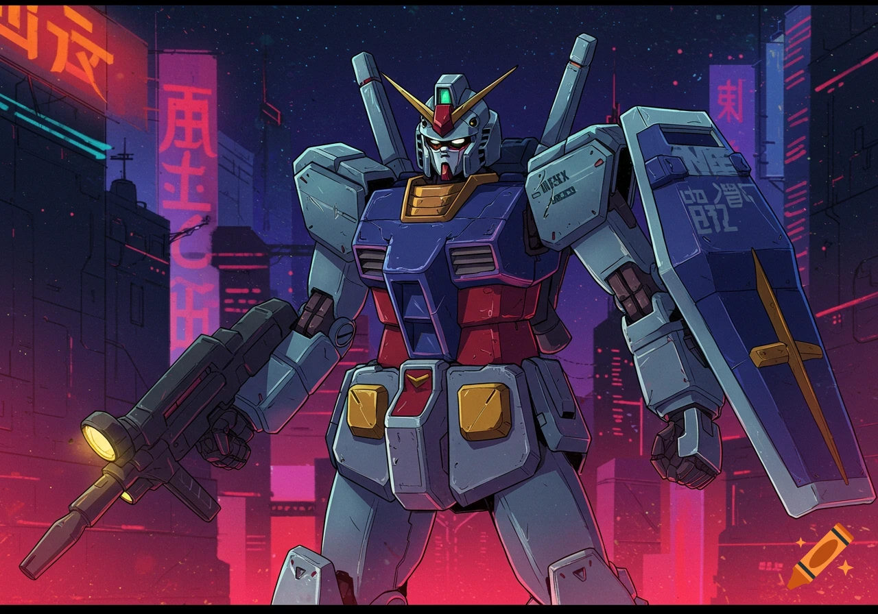 A colorful illustration of a gray, blue, and red Gundam robot holding a rifle and shield, standing in a vibrant neon cyberpunk city.