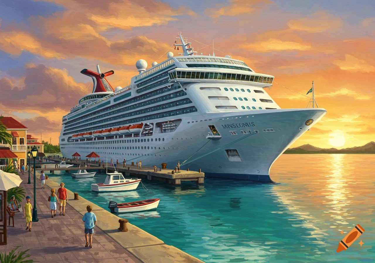 A large cruise ship docked in a vibrant Caribbean port at sunset, with people strolling along the pier in a painting style.