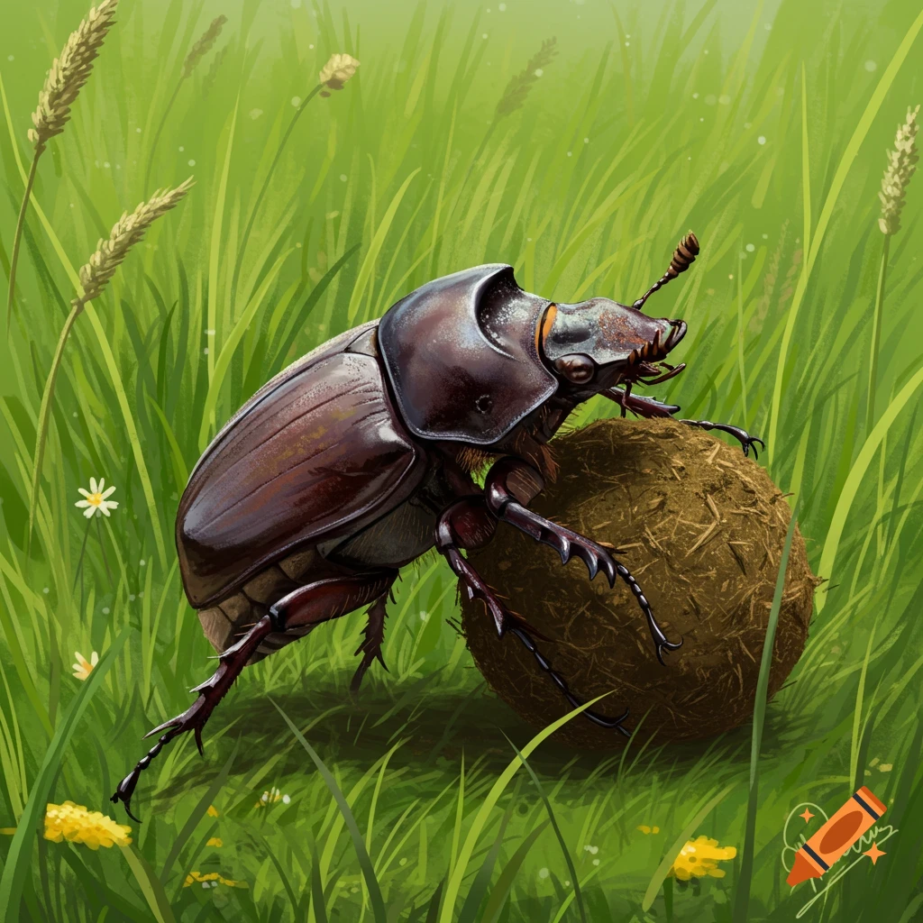 A dung beetle pushes a large ball of dung through a field of green grass.