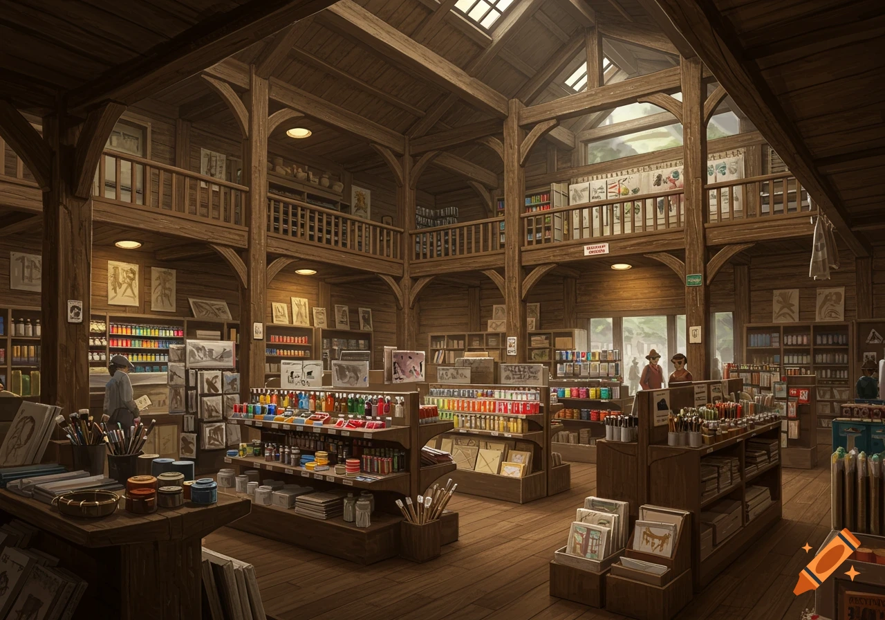 A grand, rustic wooden art supply store with high ceilings, large windows, and shelves filled with colorful paints, brushes, and canvases.