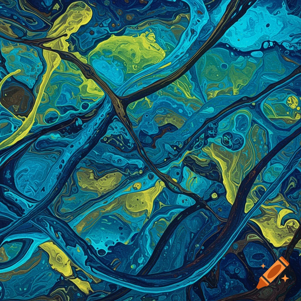 Abstract fluid art with swirling patterns of blue, teal, and yellow. on ...