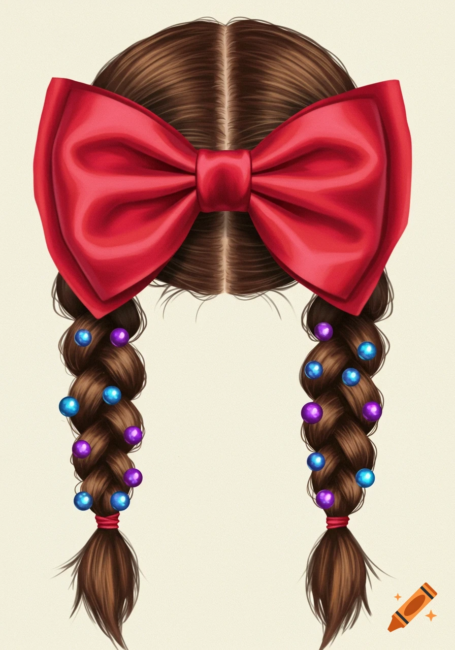 Illustrated close-up of brown hair parted down the middle, with a large red bow at the top, and two braided pigtails adorned with blue and purple beads.