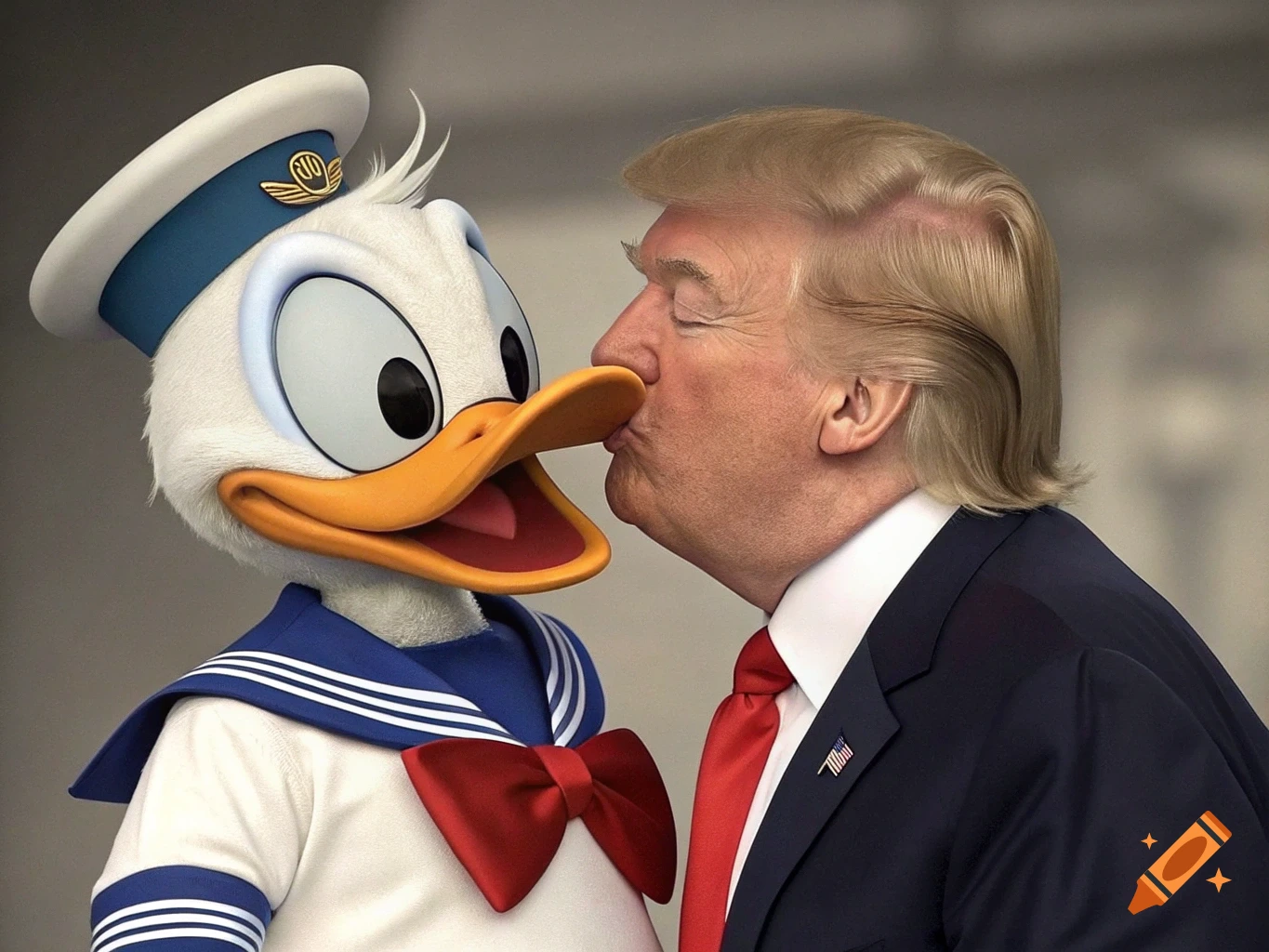 Donald Trump kisses Donald Duck on the beak in a photorealistic style.
