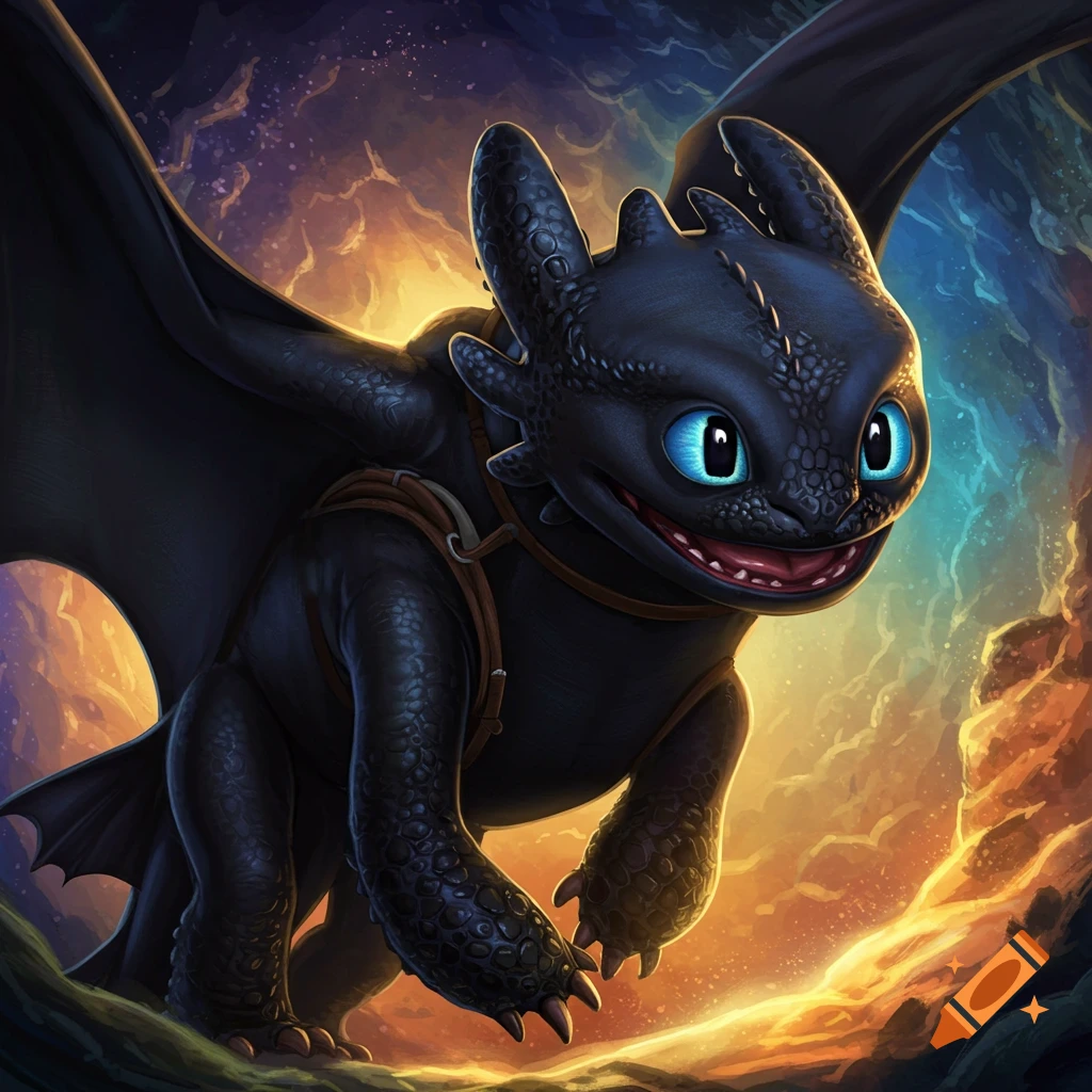 Toothless, a black dragon with large blue eyes and a saddle, smiles while flying against a vibrant, stylized sky.