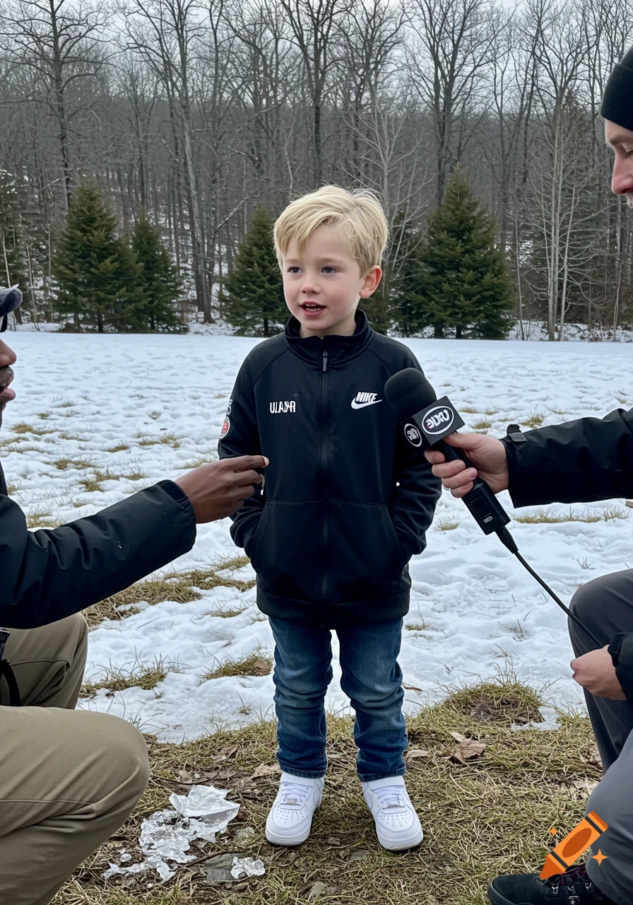 A blonde boy in a black jacket and jeans is interviewed by a man holding a microphone in a snowy, wooded area.