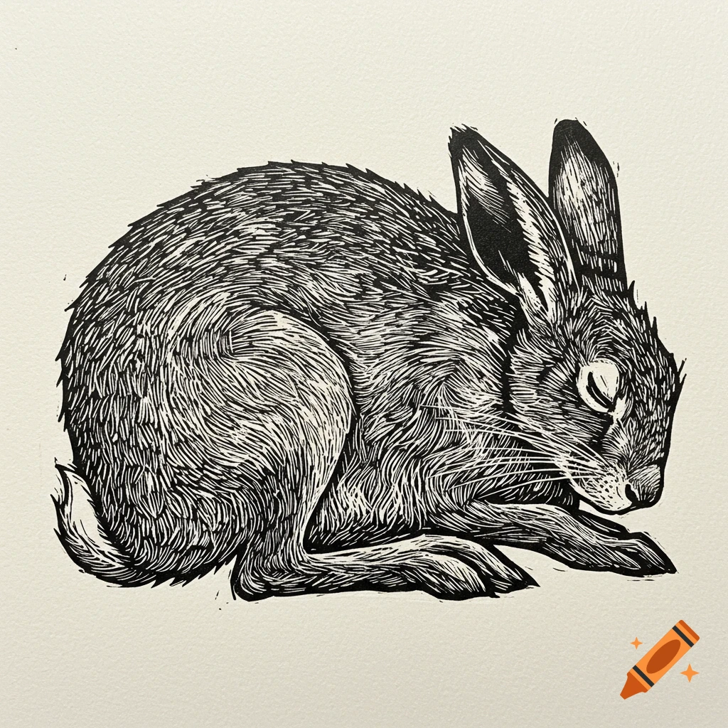 A black and white linocut illustration of a sleeping hare curled up.