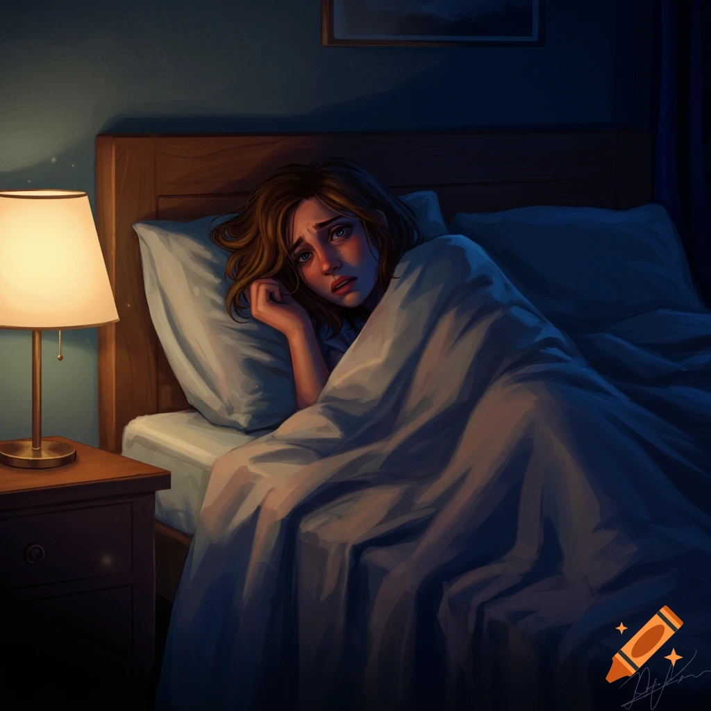 An illustration of a distressed young woman lying awake in bed at night, illuminated by a bedside lamp.