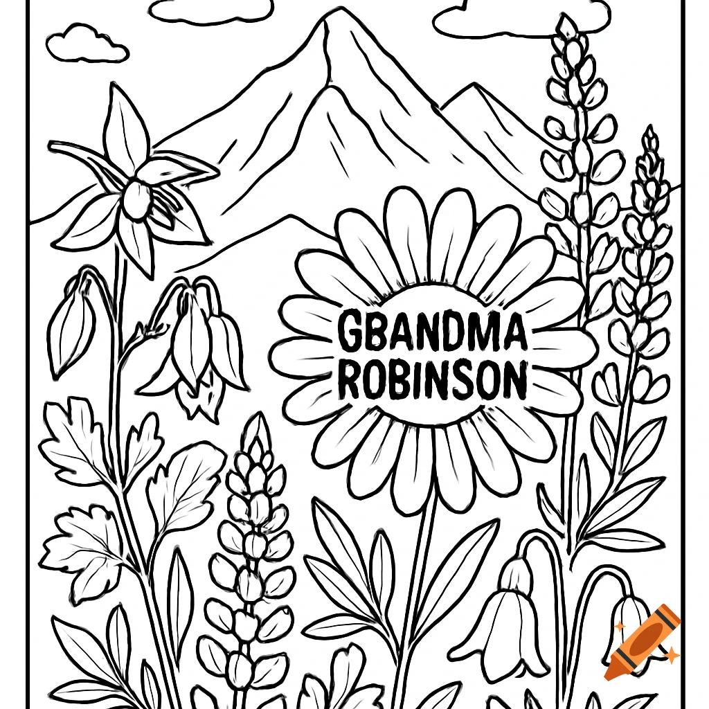 Black and white coloring page of mountains and wildflowers, with 'Grandma Robinson' written inside a large flower.