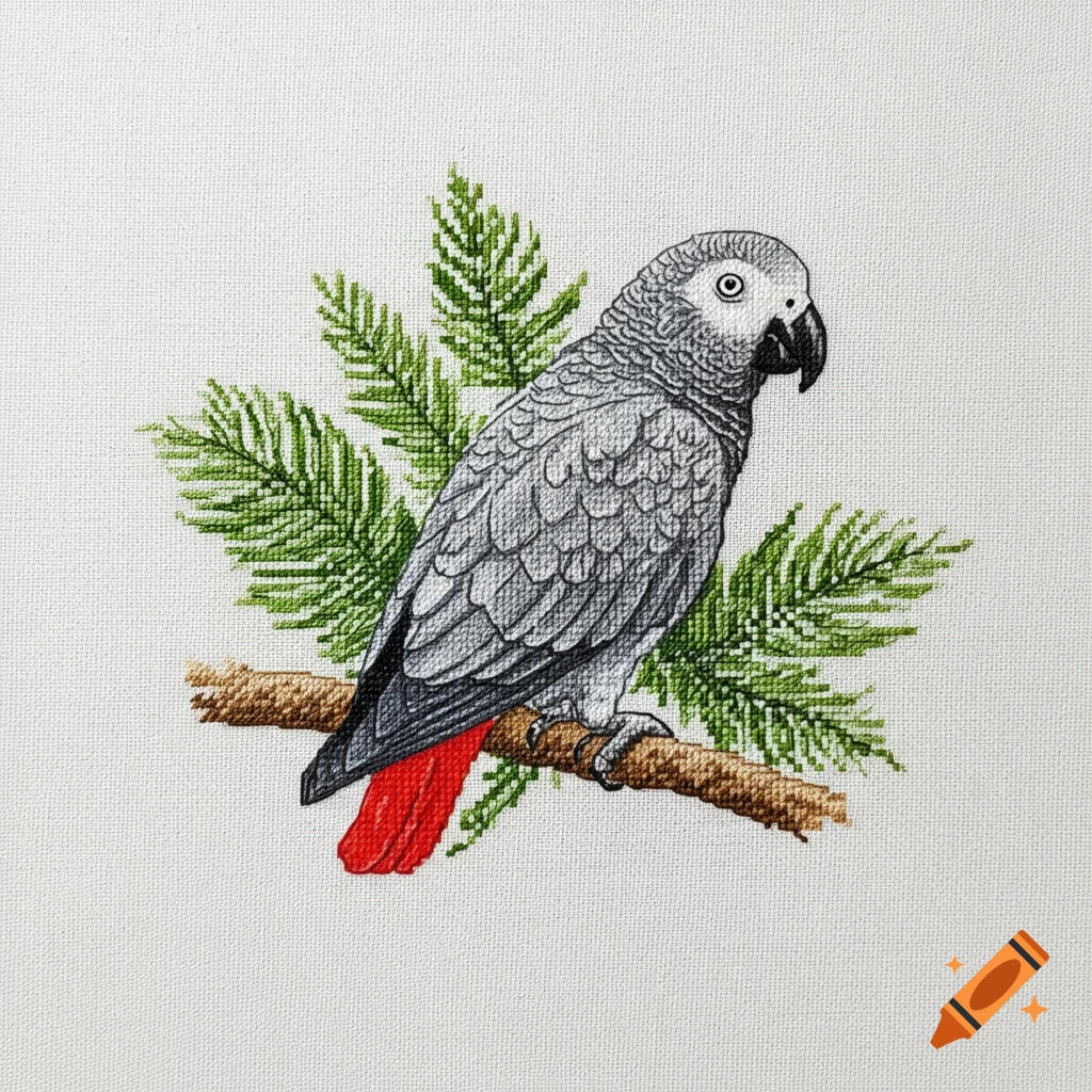 A detailed cross-stitch pattern of an African grey parrot with a red tail perched on a branch with green foliage.