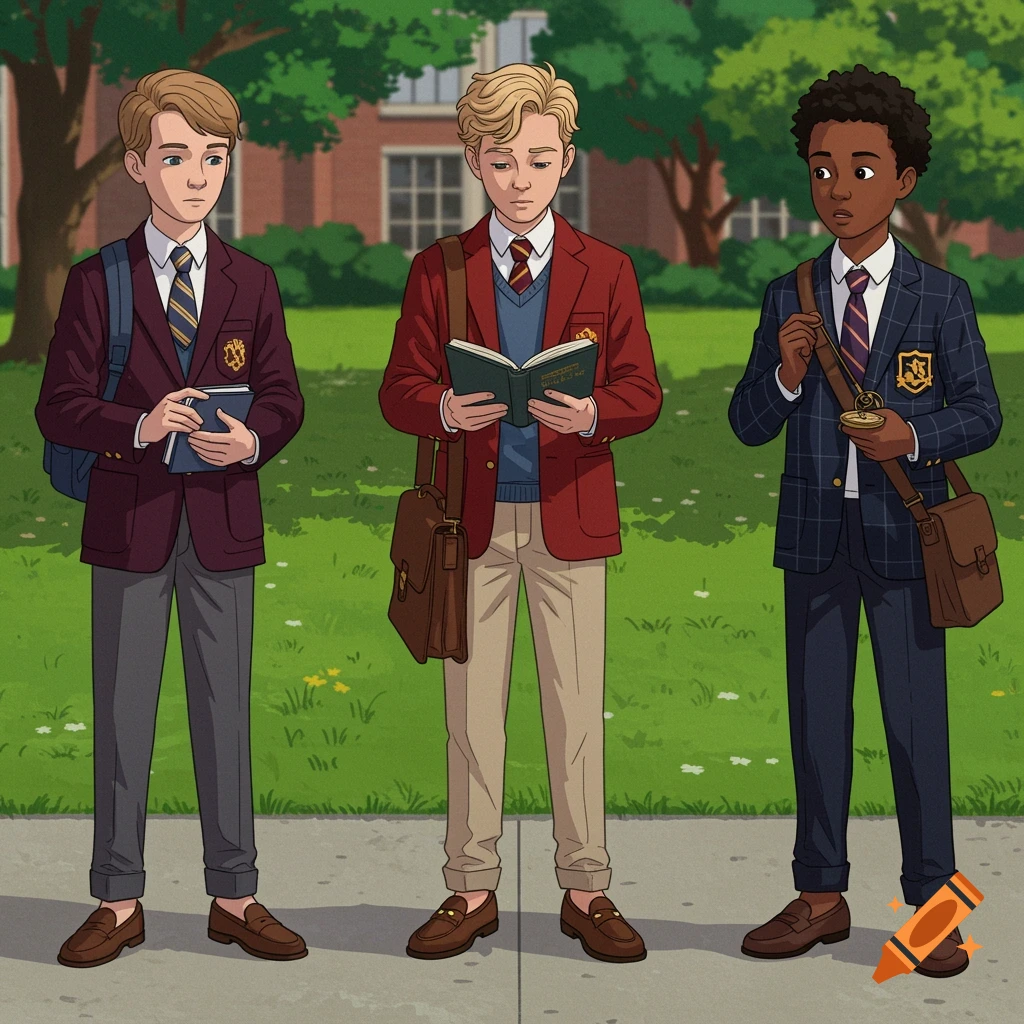 Three cartoon pre-teen boys in preppy school uniforms stand on a school campus lawn.