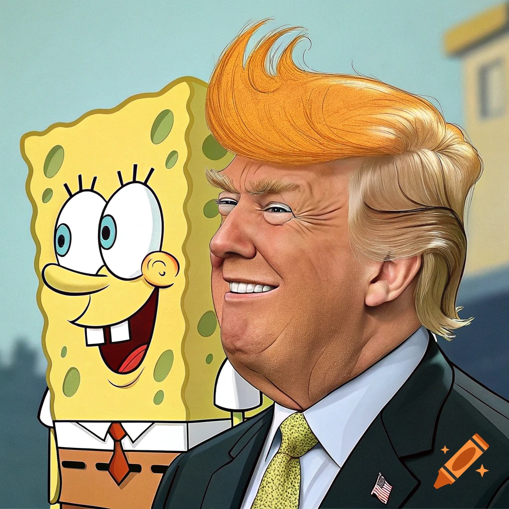 A humorous caricature of Donald Trump with SpongeBob SquarePants, blending cartoon and realistic styles.