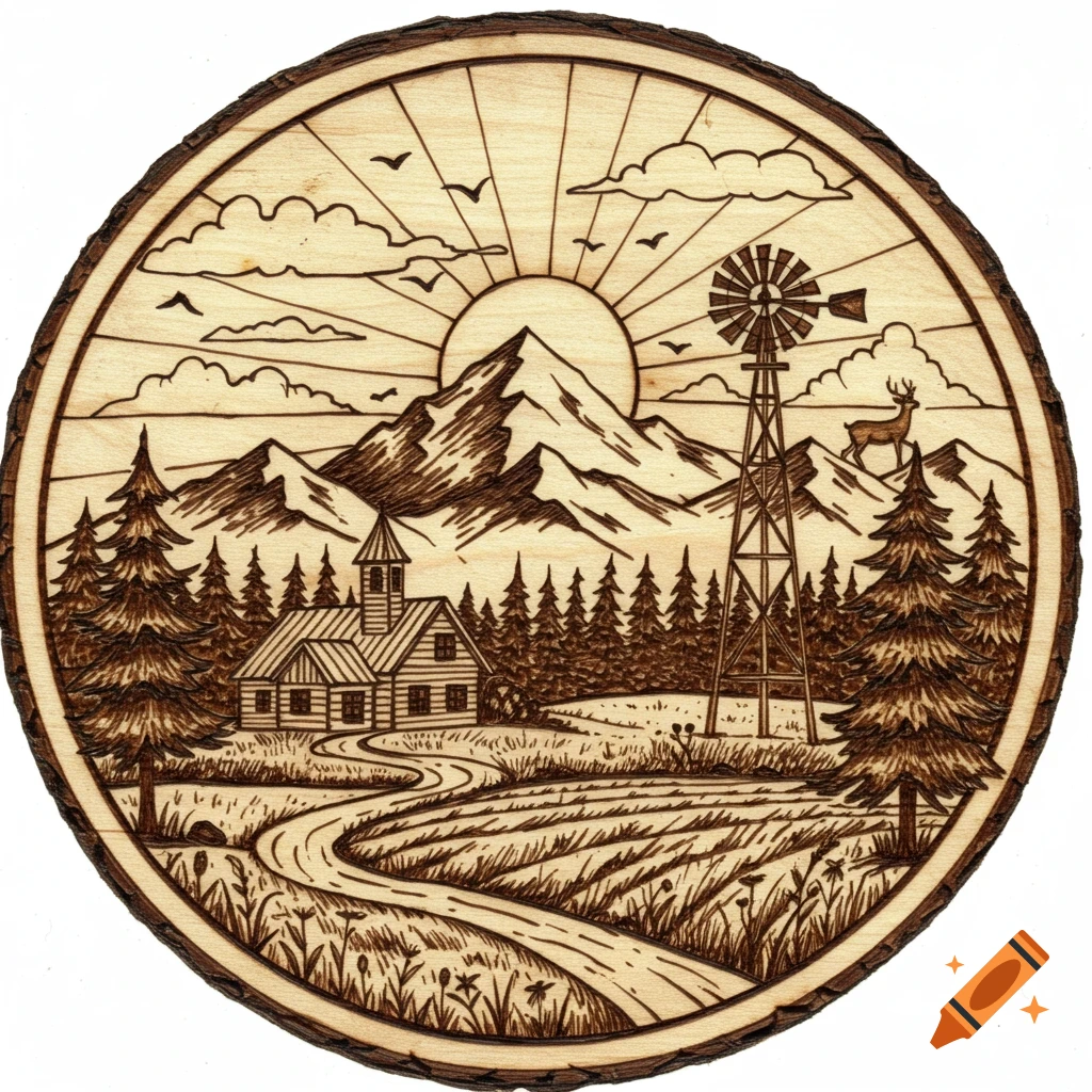 Circular wood burning art of a rustic landscape with a cabin, windmill, mountains, forest, fields, and wildlife under a rising sun.