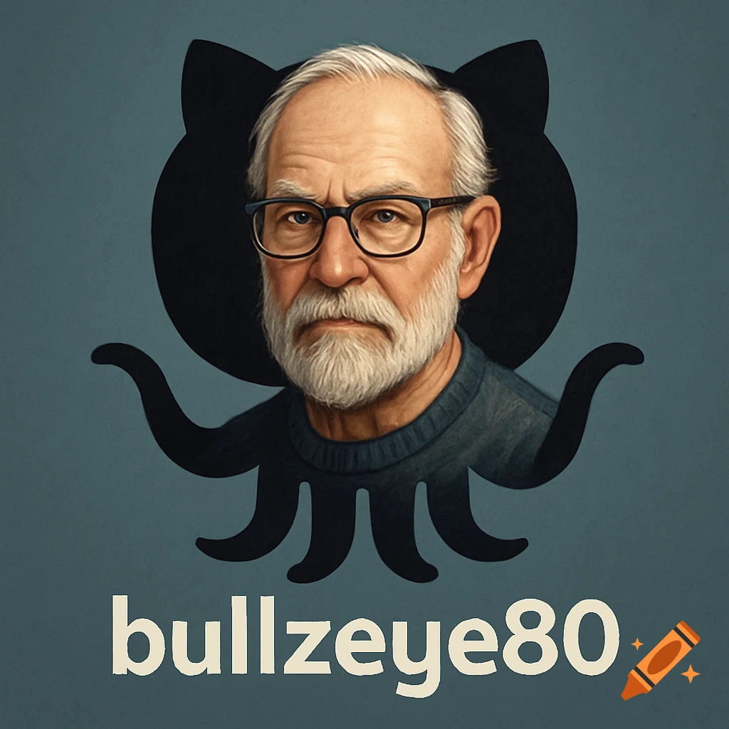 Portrait of an older man with white hair and beard framed by a black cat-octopus silhouette, with 'bullzeye80' text below.