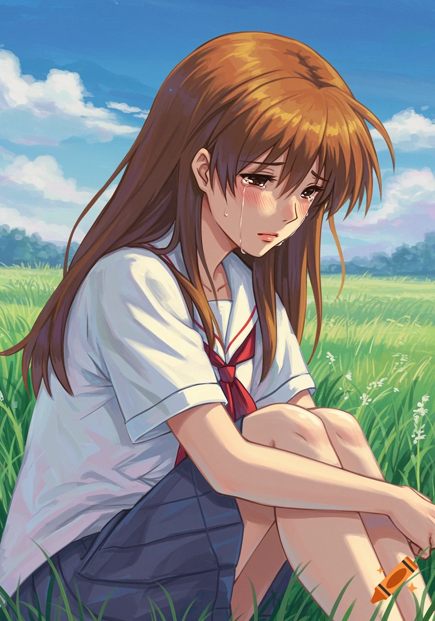 An anime girl with brown hair sits in a grassy field, crying with tears streaming down her face.