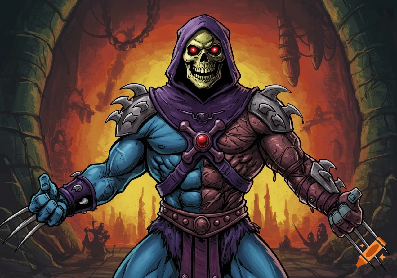 A comic art illustration of a merged Skeletor and Shredder, standing in a menacing pose in a dark, fiery lair.